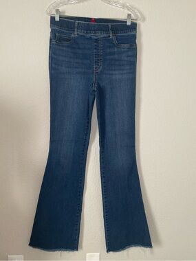 Spanx Jeans Womens Flare Leg Pull On Tummy Control Raw Hem Stretch Sz Lg Tall